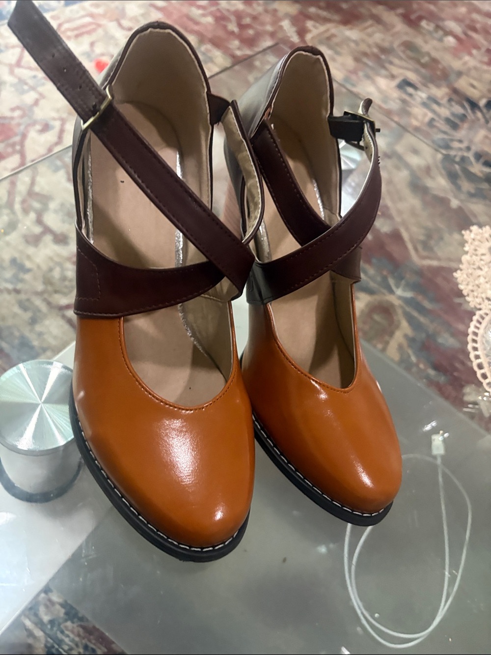 Maryjane Style Stacked Heel Look Shoes Two Tone Brown ￼ Women’s Size 9